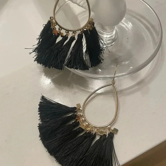 BLACK FRINGE DROP TEARDROP HOOP EARRINGS GOLD TONE FUN AND FESTIVE - Picture 10 of 10
